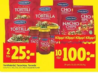 ICA Kvantum Santa Maria Tortillabröd, Tacochips, Tacosås erbjuda