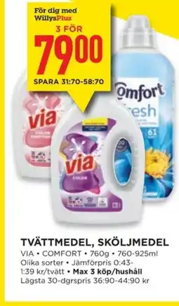 Willys VIA/ VOMFORT Tvättmedel, sköljmedel erbjuda