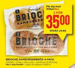 Willys Hemma BRIOCHE HAMBURGERBRÖD 4-PACK, Medlemspris erbjuda
