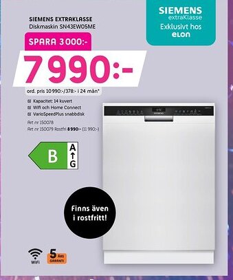 Elon SIEMENS Extraklasse Diskmaskin SN43EW05ME erbjuda