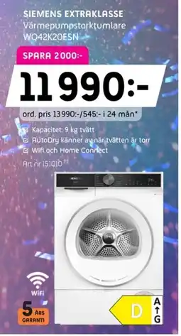 Elon SIEMENS Extraklasse Värmepumpstorktumlare WQ42K20ESN erbjuda