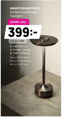 Elon Armaturhantverk Portabel bordslampa Svampen erbjuda