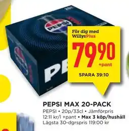 Willys PEPSI MAX 20-PACK, Medlemspris erbjuda