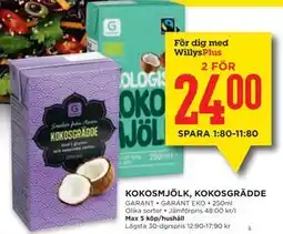 Willys KOKOSMJÖLK, KOKOSGRÄDDE, Medlemspris erbjuda