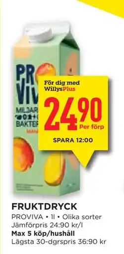 Willys Hemma FRUKTDRYCK, Medlemspris erbjuda