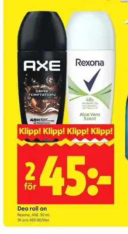 ICA Kvantum Rexona, AXE Deo roll on erbjuda