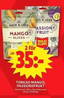ICA Maxi DAVE & JON'S Torkad mango, passionsfrukt erbjuda