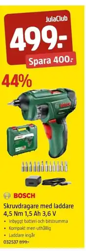 Jula BOSCH Skruvdragare med laddare 4,5 Nm 1,5 Ah 3,6 V erbjuda