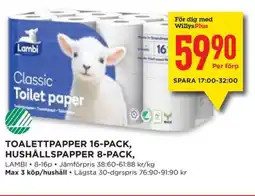 Willys LAMBI Toalettpapper 16-pack, Hushållspapper 8-pack erbjuda