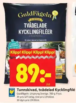 ICA Kvantum GULDFÅGELN Tunnskivad, tvådelad Kycklingfilé erbjuda