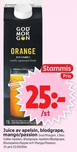 ICA Supermarket GOD MORGON Juice av apelsin, blodgrape, mango/passion erbjuda