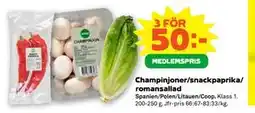 Stora Coop Champinjoner/snackpaprika/ romansallad, Medlemspris erbjuda