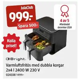 Jula Varmluftsfritös med dubbla korgar 2x4 l 2400 W 230 V, Medlemspris erbjuda