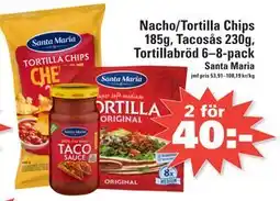 Nära dej Nacho/Tortilla Chips 185g, Tacosås 230g, Tortillabröd 6–8-pack erbjuda