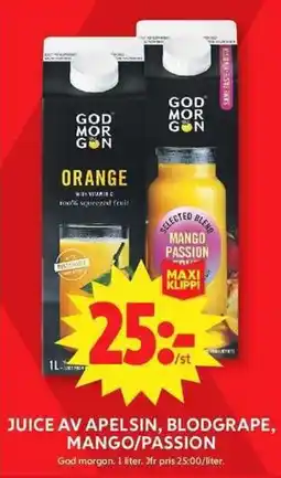 ICA Maxi GOD MORGON Juice av apelsin, blodgrape, mango/passion erbjuda