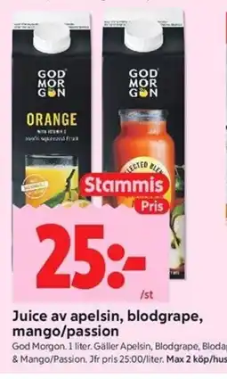 ICA Kvantum God Morgon Juice av apelsin, blodgrape, mango/passion erbjuda