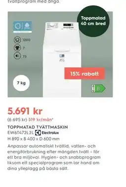 Electrolux Home TOPPMATAD TVÄTTMASKIN EW6T472L2L Electrolux erbjuda