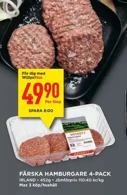 Willys FÄRSKA HAMBURGARE 4-PACK, Medlemspris erbjuda