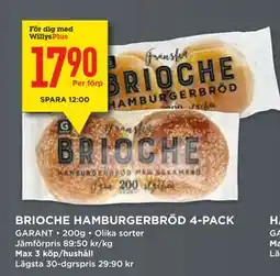 Willys Hemma BRIOCHE HAMBURGERBRÖD 4-PACK, Medlemspris erbjuda