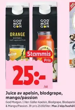 ICA Kvantum Juice av apelsin, blodgrape, mango/passion, Medlemspris erbjuda