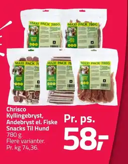Fleggaard Chrisco kyllingebryst, andebryst el. fiske snacks til hund erbjuda