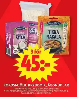 ICA Maxi SANTA MARIA Kokosmjölk, kryddmix, äggnudlar erbjuda