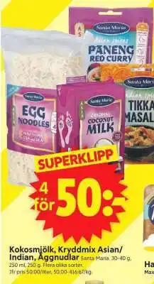 ICA Supermarket Kokosmjölk, Kryddmix Asian/Indian, Äggnudlar erbjuda