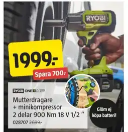 Jula Mutterdragare + minikompressor 2 delar 900 Nm 18 V 1/2" erbjuda