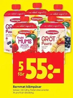 ICA Kvantum SEMPER Barnmat klämpåsar erbjuda