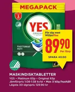 Willys YES Maskindisktabletter erbjuda