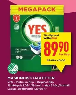 Willys MASKINDISKTABLETTER, Medlemspris erbjuda