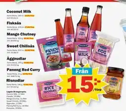 Pekås Coconut Milk, Fisksås, Mango Chutney, Sweet Chilisås, Äggnudlar, Paneng Red Curry, Risnudlar erbjuda