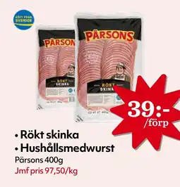 MatArket Pärsons Rökt skinka • Hushållsmedwurst erbjuda