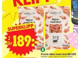 ICA Supermarket Frysta räkor med skal 80/100 erbjuda
