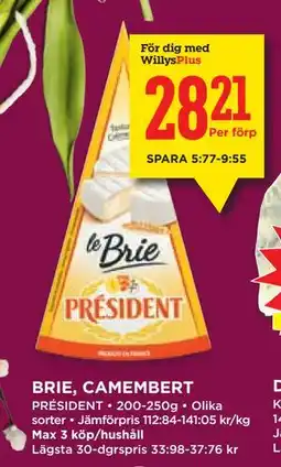 Willys BRIE, CAMEMBERT, Medlemspris erbjuda