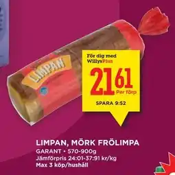 Willys Hemma LIMPAN, MÖRK FRÖLIMPA, Medlemspris erbjuda