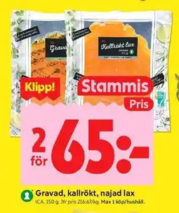 ICA Kvantum Gravad, kallrökt, najad lax, Medlemspris erbjuda