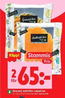 ICA Kvantum Gravad, kallrökt, najad lax, Medlemspris erbjuda