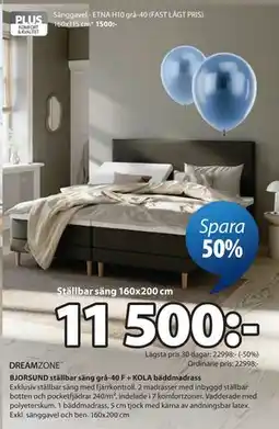 JYSK BJORSUND ställbar säng grå-40 F + KOLA bäddmadrass erbjuda