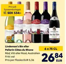 Border Shop Lindeman’s Bin eller Pellerin Côtes du Rhone, EUR 26.84 erbjuda