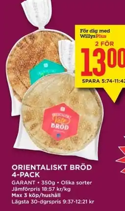 Willys GARANT Orientaliskt bröd 4-pack erbjuda