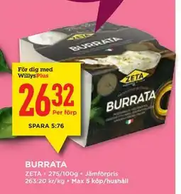 Willys BURRATA, Medlemspris erbjuda