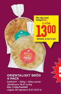 Willys ORIENTALISKT BRÖD 4-PACK, Medlemspris erbjuda