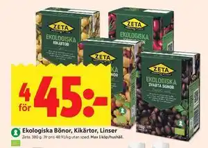 ICA Kvantum Ekologiska Bönor, Kikärtor, Linser erbjuda