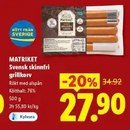 Lidl MATRIKET Svensk skinnfri grillkorv erbjuda