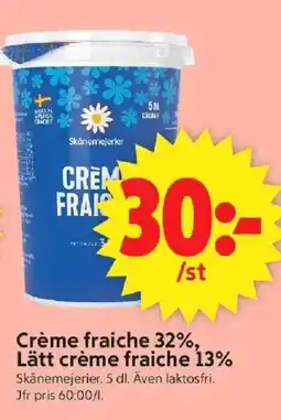 ICA Supermarket SKÅNEMEJERIER Crème fraiche 32%. lätt crème fraiche 13% erbjuda