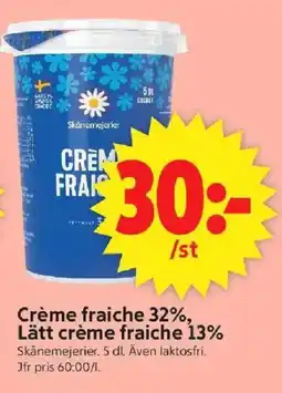 ICA Supermarket SKÅNEMEJERIER Crème fraiche 32%. lätt crème fraiche 13% erbjuda