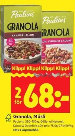 ICA Kvantum Pauluns Granola, Müsli erbjuda