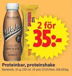 ICA Supermarket Barebells Proteinbar, proteinshake erbjuda