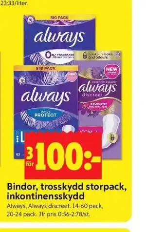 ICA Kvantum Bindor, trosskydd storpack, inkontinensskydd erbjuda
